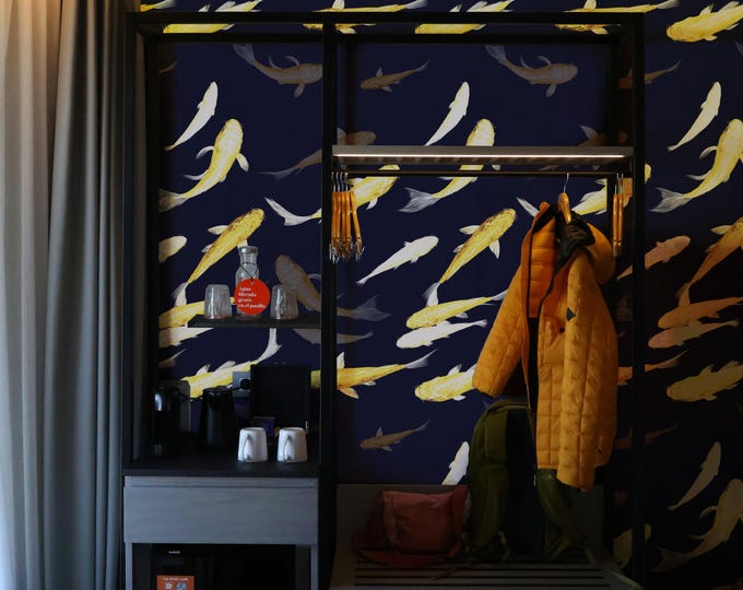 Gold and Blue Koi Wallpaper for Feng Shui, Japanese Art Fish Watercolor, Asian Decor Wall Mural, Zen Home Design