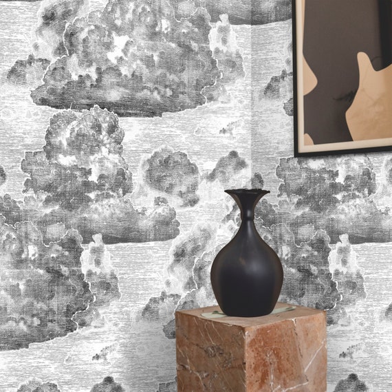 Vintage Cloud Wallpaper, Etching Illustration Cloudy Sky Wall Art in Black and White
