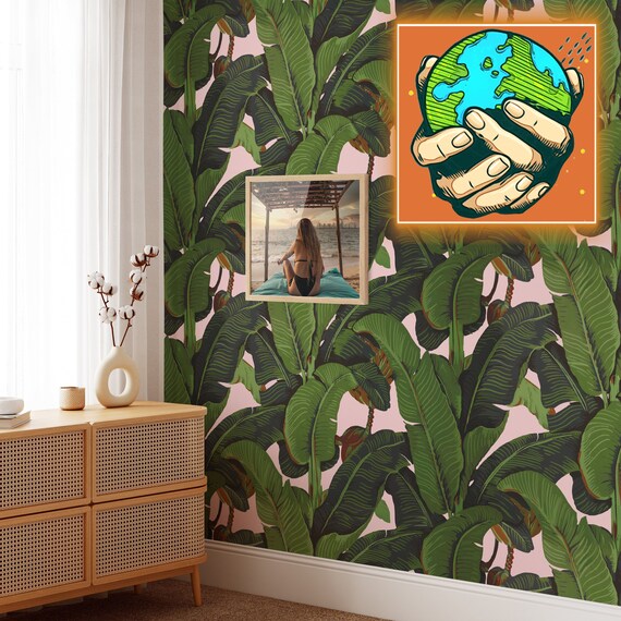 Pink Banana Leaf Tropical Rainforest Wallpaper, Leaves Print Palm Tree Jungle Print Boho Decor