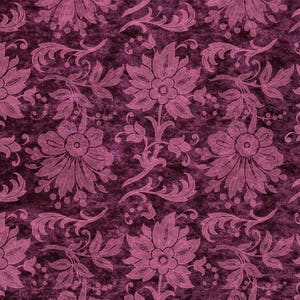K&ouml;nnte beinhalten: Ein nahtloses Muster mit rosa floralen Designs auf einem dunkelvioletten Hintergrund. Die komplizierten floralen Motive sind stilisiert und erzeugen eine Vintage-&Auml;sthetik.