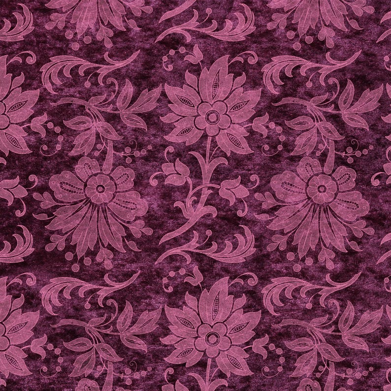 K&ouml;nnte beinhalten: Ein nahtloses Muster mit rosa floralen Designs auf einem dunkelvioletten Hintergrund. Die komplizierten floralen Motive sind stilisiert und erzeugen eine Vintage-&Auml;sthetik.