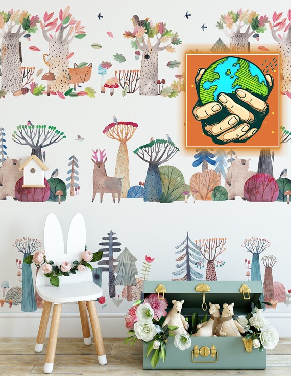 Watercolor Animals Woodland Wallpaper for Nursery Decor, Kids Room Forest Wall Decor, Backwoods Wall Art