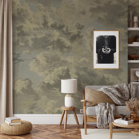 Extra Large Vintage Clouds Sky Wallpaper, Storm Cloud Watercolor Wall Decor, Vintage Aesthetic Clouded Wall Art for Home