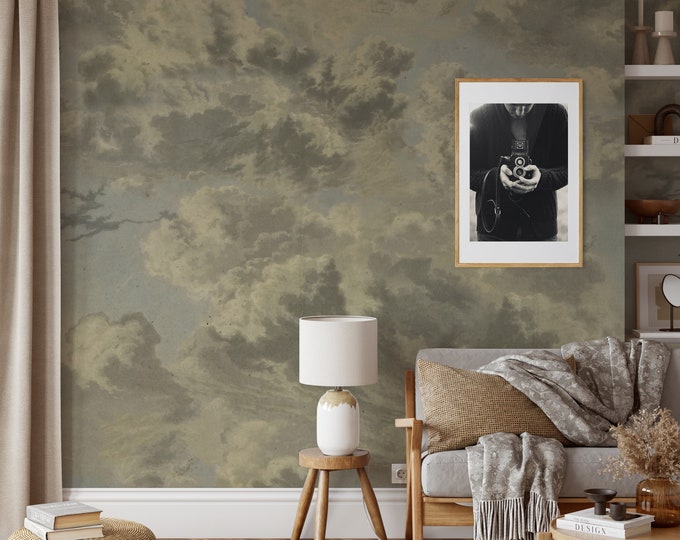 Extra Large Vintage Clouds Sky Wallpaper, Storm Cloud Watercolor Wall Decor, Vintage Aesthetic Clouded Wall Art for Home