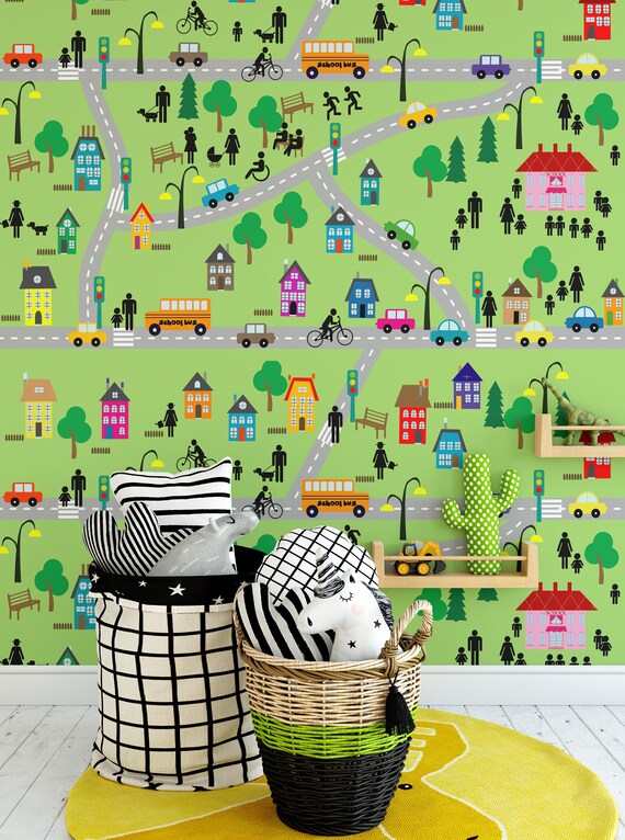 A fun city map wallpaper for kids room Decor, Village Wall Art with roads