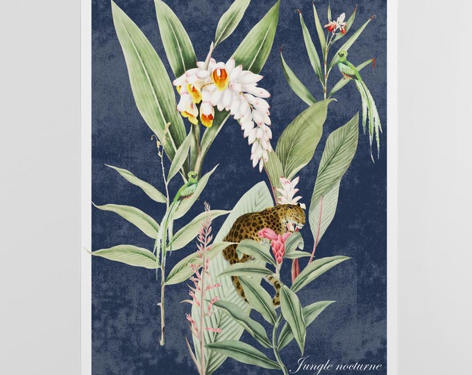 Jungle Nocturne Poster, Dark Tropical Wall Art, Exotic Botanical Print, Leopard Jungle Illustration, Elegant Night Decor
