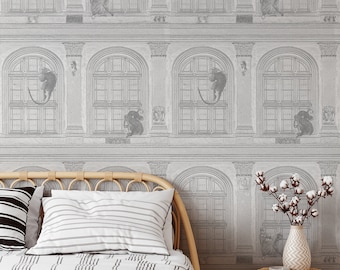 Black and White Vintage Monkeys on Classic Building Wallpaper, Retro Design Etching Wall Decor