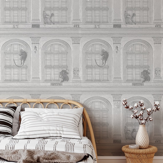 Black and White Vintage Monkeys on Classic Building Wallpaper, Retro Design Etching Wall Decor