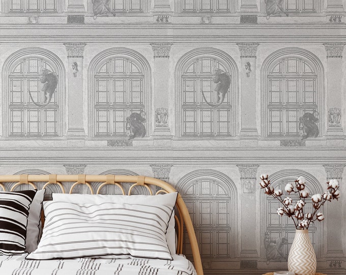 Black and White Vintage Monkeys on Classic Building Wallpaper, Retro Design Etching Wall Decor