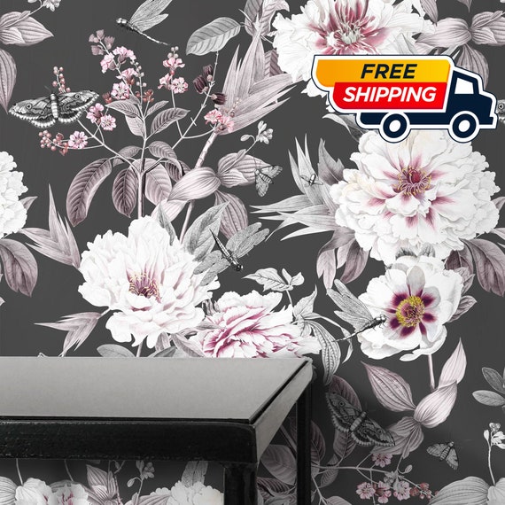 Black Romantic Peonies Wallpaper, Dark floral shabby chic peony wall decor