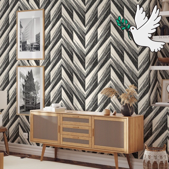 Large Zig Zag Herringbone Wallpaper, Renters Decor with Ikat Pattern