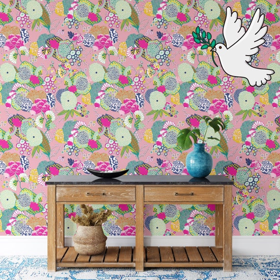 Retro 70s Preppy Wallpaper, Aesthetic Floral Flowers Wall Decor, Posh Wall Art