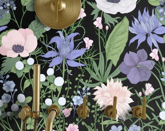 Field floral Removable Wallpaper on Black Background, Whimsical Wildflowers Modern Wall Paper