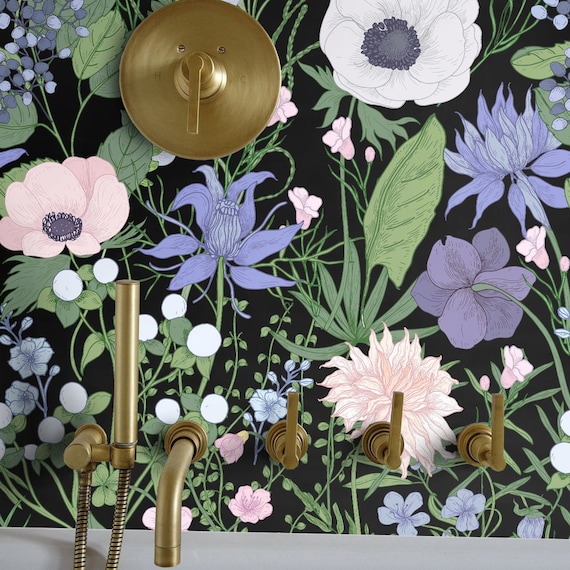 Field floral Removable Wallpaper on Black Background, Whimsical Wildflowers Modern Wall Paper