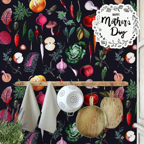 Vintage Vegetables Kitchen Wallpaper, Retro Kitchen Veggie Wall decor, Farmhouse Wall Art