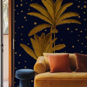 Carta da Parati Notte Araba con Stelle e Luna Blu e Oro, Carta da parati Cielo