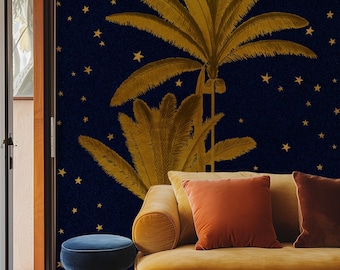 Golden Palm Trees Wallpaper - Starry Tropical Wall Decor, Arabian Nights Art Palm Tree Mural for Home