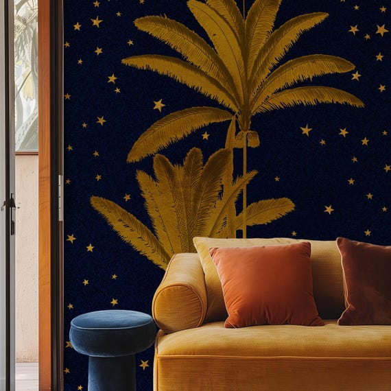 Golden Palm Trees Wallpaper - Starry Tropical Wall Decor, Arabian Nights Art Palm Tree Mural for Home