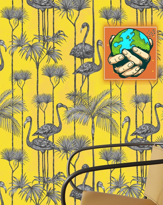 Yellow Flamingo Wallpaper, Tropical Birds Vintage Wallpaper, Dramatic Wall Covering