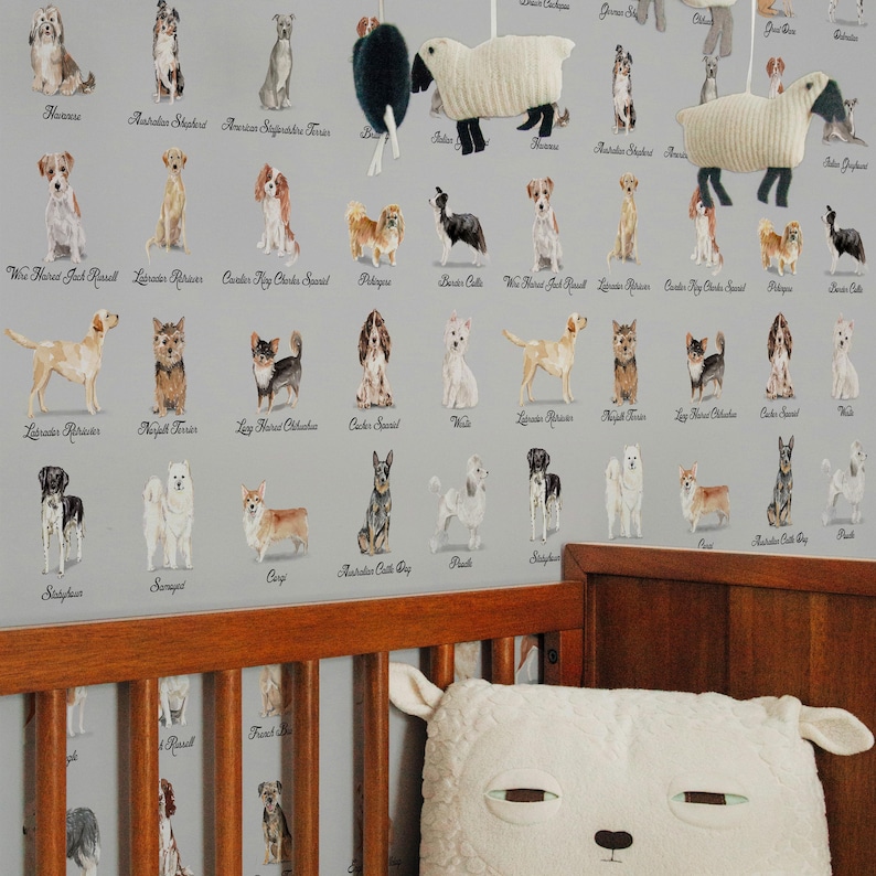 Papel pintado de acuarela con perros de razas adorables, papel pintado de animales para habitación infantil y decoración del hogar para amantes de las mascotas. imagen 3