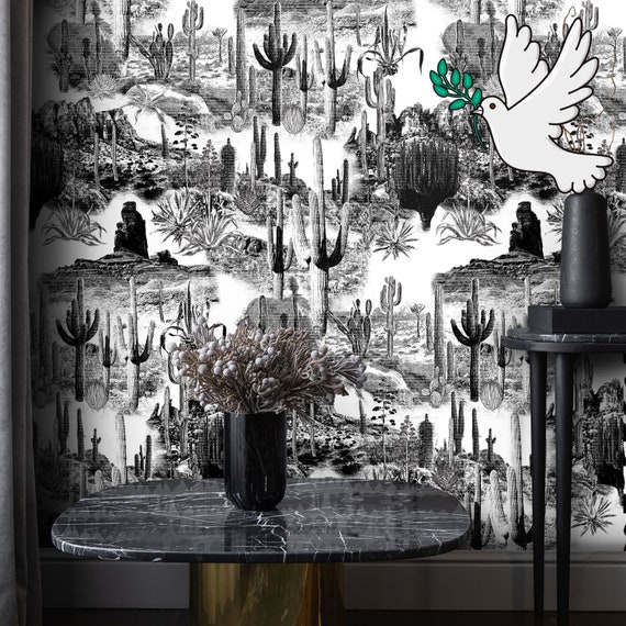 Ethereal Desert Landscape in Enchanting Etched Black and White, Wild West: Etched Cactus Wallpaper