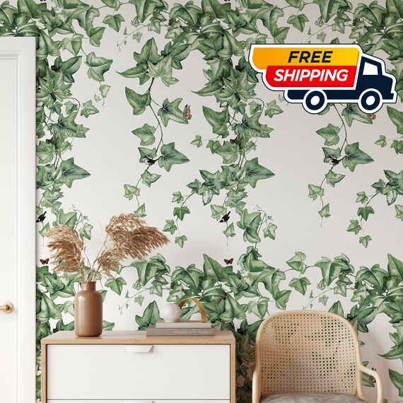 Climbing Green Ivy Leaves Wallpaper with Birds and Butterflies, Watercolor Foliage Hedera Ivy Wall Decor