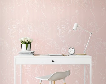 Abstract Face Girl Line Art Trendy Wallpaper, Soft Pink and White Scandinavian Large Face Wall art