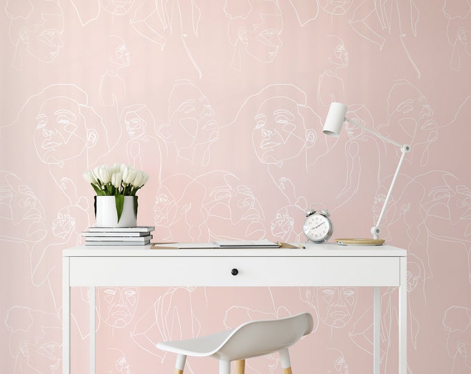 Abstract Face Girl Line Art Trendy Wallpaper, Soft Pink and White Scandinavian Large Face Wall art