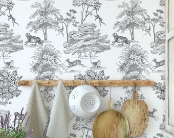 Retro Vintage French Toile de Jouy Wallpaper, Black and White Etching wall decor