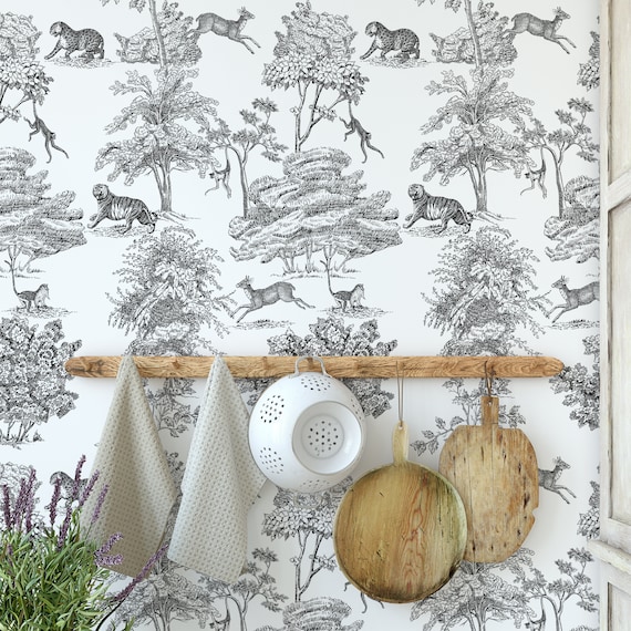 Retro Vintage French Toile de Jouy Wallpaper, Black and White Etching wall decor