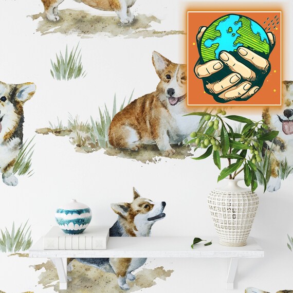 Cute Corgi Dog Wallpaper, Watercolor Corgis Nursery Decor