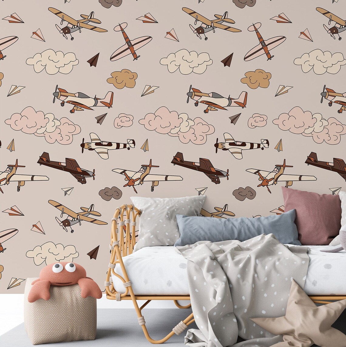 Cartoon Airplanes Nursery Wallpaper, Airplane Flying Playroom Wall ...
