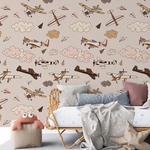 Carta da Parati Aeroplani Bambini Cameretta Beige