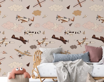 Cartoon Airplanes Nursery Wallpaper, Airplane Flying Playroom Wall Decor, Kids Mural with clouds, Boy Room Wall Art