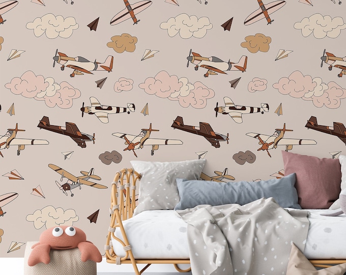 Cartoon Airplanes Nursery Wallpaper, Airplane Flying Playroom Wall Decor, Kids Mural with clouds, Boy Room Wall Art