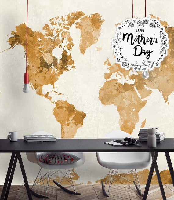 Watercolor World Map Wallpaper for Apartment Home Decor, Natural Tones Vintage Wall Decor
