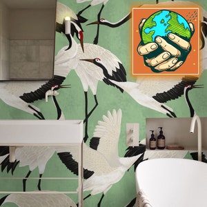 Green Herons Wallpaper, Luxury Wallpaper with Vintage Asian Crane Birds, Contemporary Design Wall Decor Removable Wallpaper