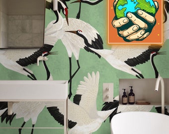 Groene reigers behang, luxe behang met vintage Aziatische kraanvogels, eigentijds design wanddecoratie verwijderbaar behang