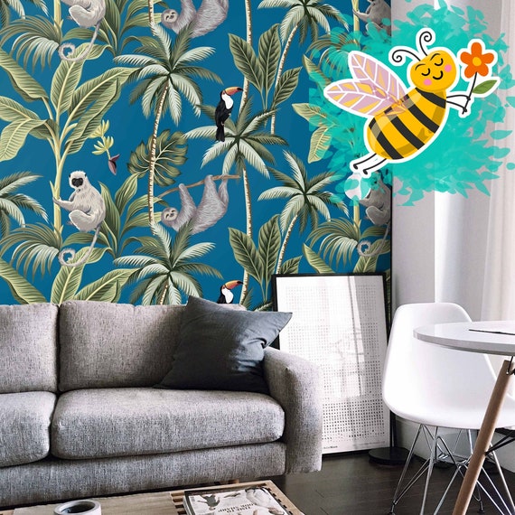 Tropical Forest Jungle Wallpaper for Nursery or Kids Room Decor with Blue Background