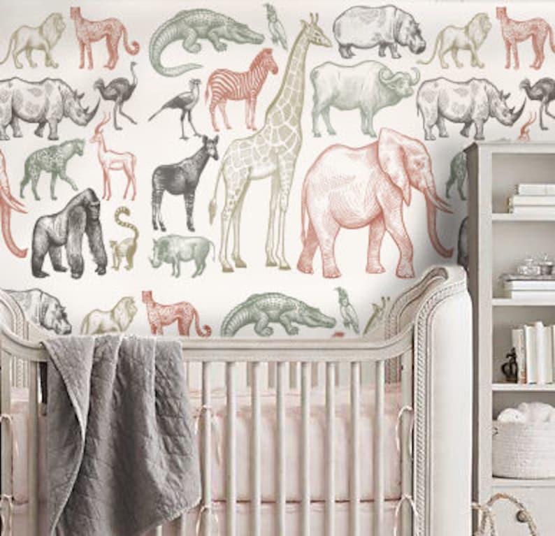 Nursery Wallpaper Animal Print Kids Room Décor Etsy