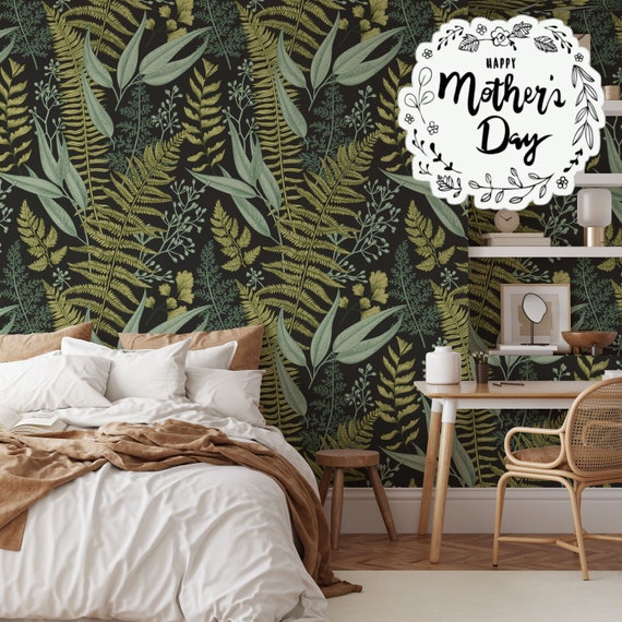 Botanical Fern Leaves on Black Wallpaper - Nature-Inspired Wall Decor for Your Home, Leaf Illustration Nature Wall Decor