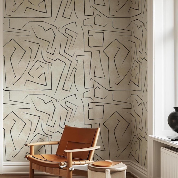 Abstract Brushstroke Wallpaper, Neutral Beige Modern Line Art Wall Decor, Minimalist Geometric Print