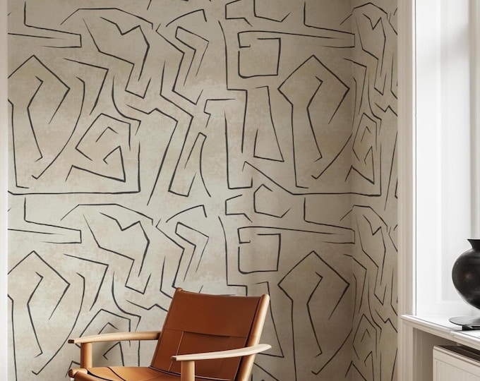 Abstract Brushstroke Wallpaper, Neutral Beige Modern Line Art Wall Decor, Minimalist Geometric Print