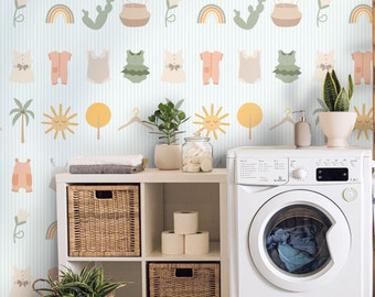 Laundry Room Ideas Blue Striped Wallpaper, Accent Wall decor, Bathroom Decor Renters wallpaper