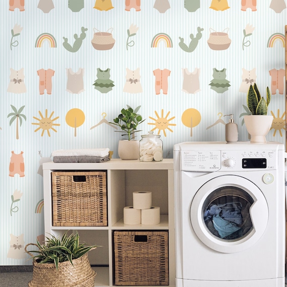 Laundry Room Ideas Blue Striped Wallpaper, Accent Wall decor, Bathroom Decor Renters wallpaper