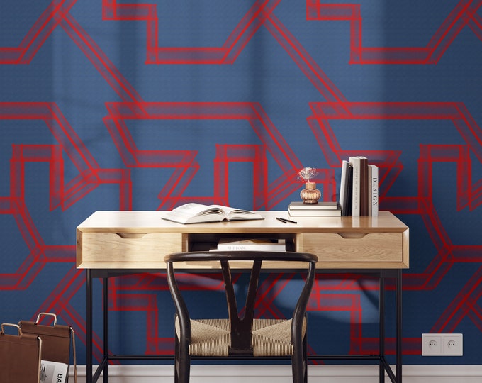 Blue and Red Sketched Line Minimal wallpaper, Minimal Line Abstract Wall Decor