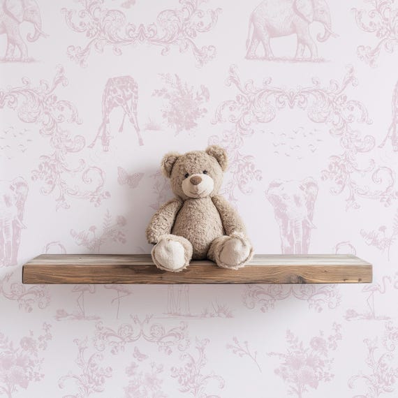 Elegant Safari Toile de Jouy Wallpaper: Pink Wildlife and Floral Motifs Pink, Enchanting Elephant & Flora Wallpaper