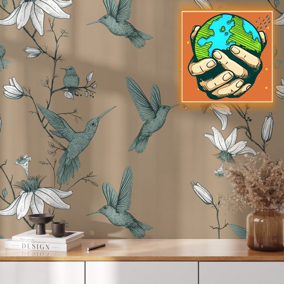 Floral Hummingbird wallpaper, Vintage Flowers and Birds, Sparrow blue and white Wall Decor on beige backgroiund