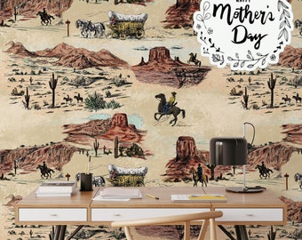 Western Wallpaper with Vintage Cowboy and Horses, Wild West Aesthetic Vintage Wallpaper, Desert Wall Decor,  Rustic Easy-Install Wallpaper