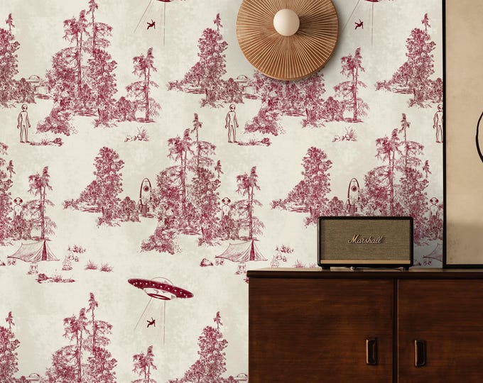 Alien Toile Wallpaper in Red Burgundy, Surreal UFO and Forest Design, Vintage Sci Fi Statement Wall, Weird Toile Pattern